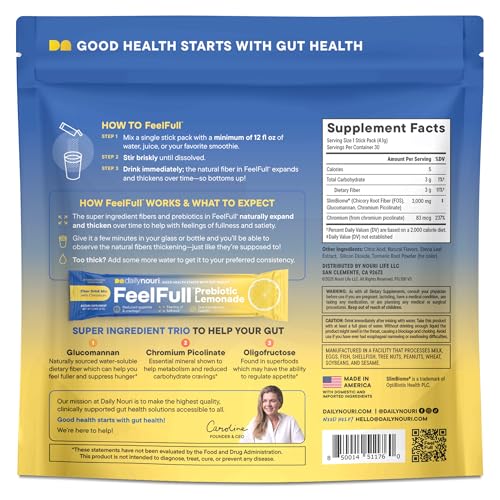 Daily Nouri FeelFull Prebiotic Fiber Drink Mix | Supports Natural Fullness, Appetite & Cravings Control, Gut & Metabolic Health | Oligofructose, Glucomannan & Chromium | 30 Stick Packs