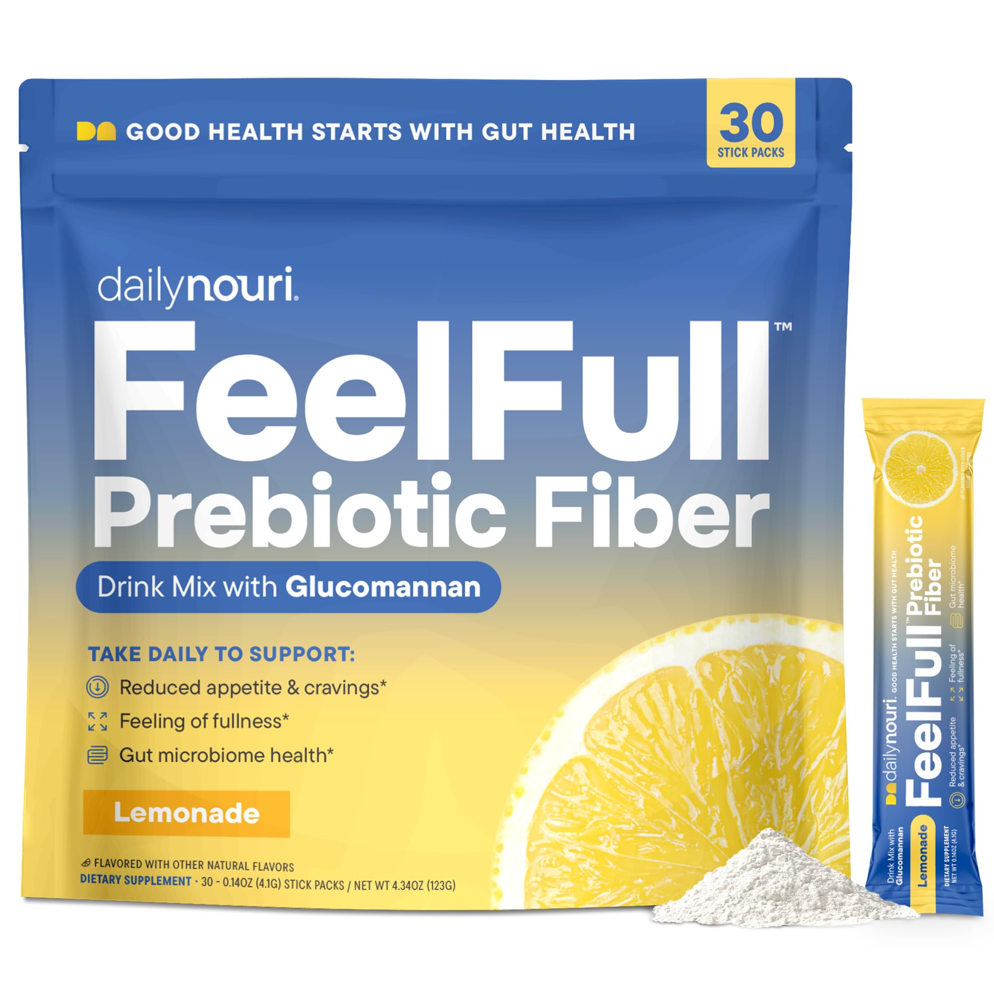 Daily Nouri FeelFull Prebiotic Fiber Drink Mix | Supports Natural Fullness, Appetite & Cravings Control, Gut & Metabolic Health | Oligofructose, Glucomannan & Chromium | 30 Stick Packs