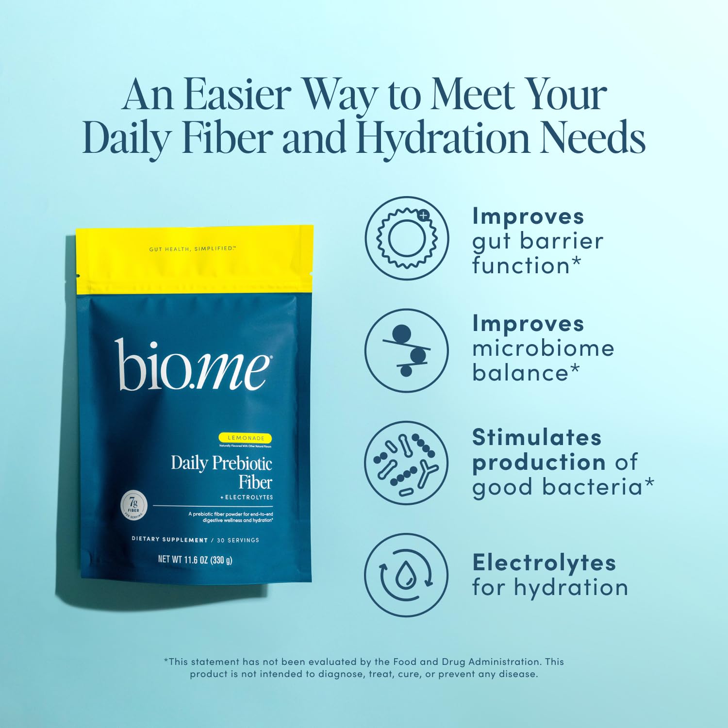 Daily Prebiotic Fiber Lemonade with Electrolytes - 7g Soluble Fiber per Serving - Sugar Free - 30 Servings