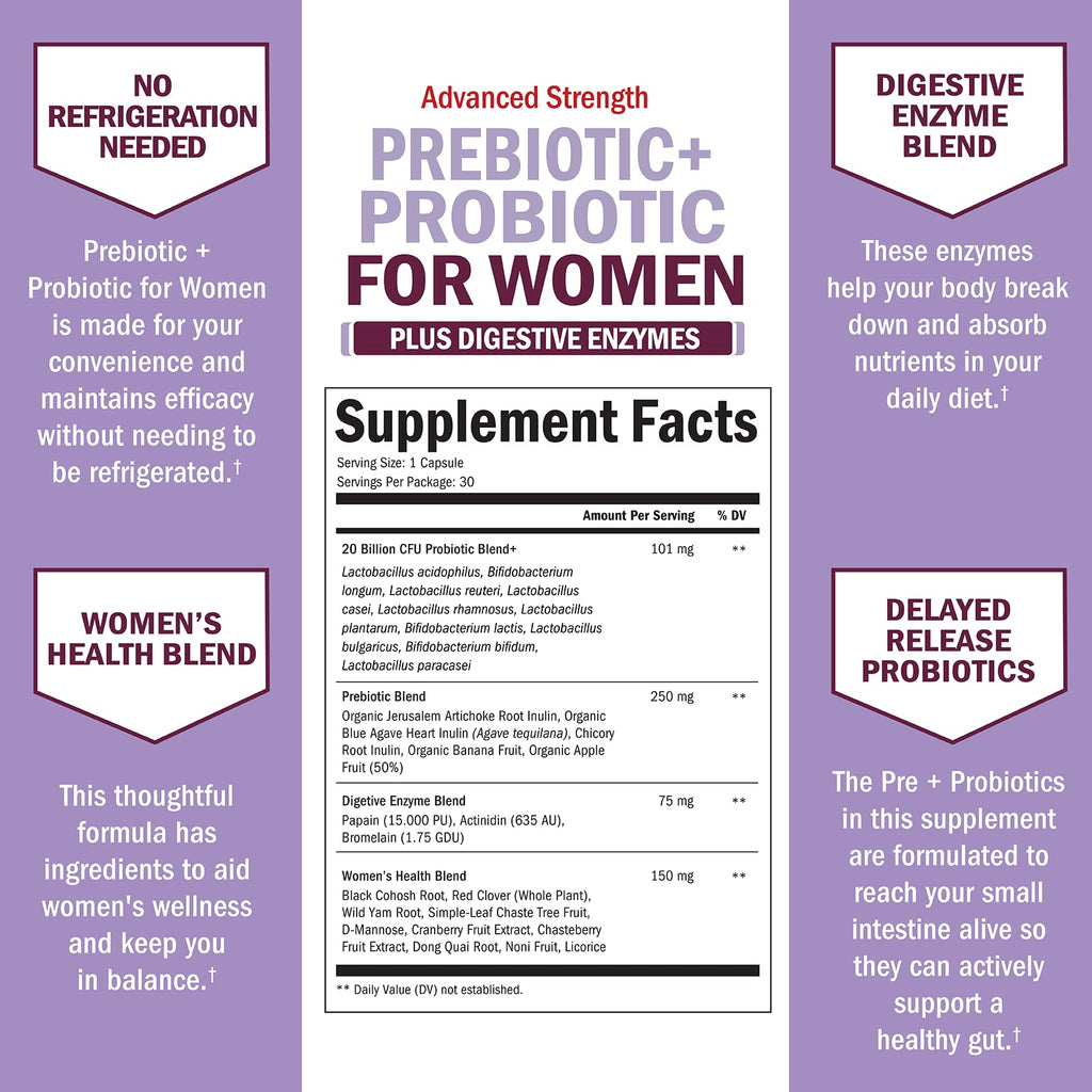 Prebiotics & Probiotics for Women – Gut, Vaginal & Immune Health Support with Black Cohosh & Red Clover (30 Count) | Whole Food Digestive Enzymes