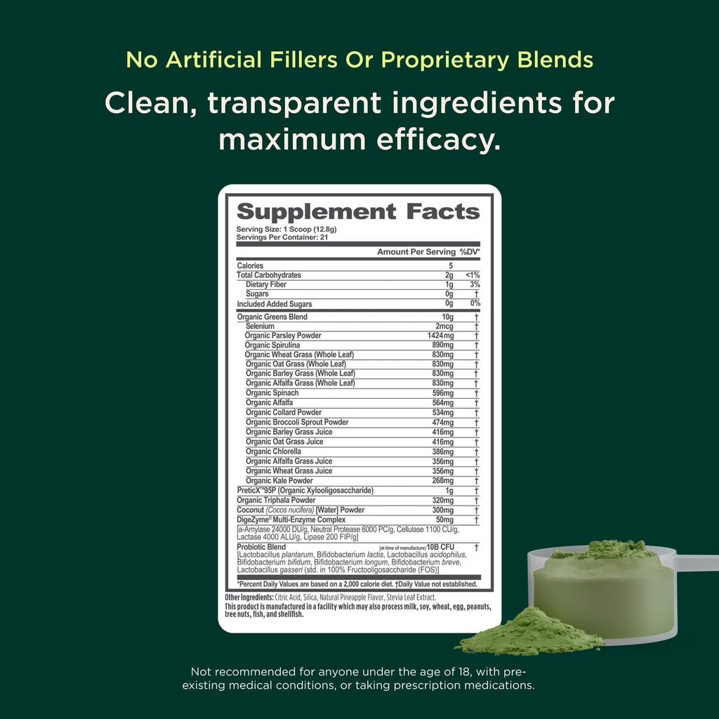 The Genius Brand Daily Superfood Greens - Organic Pineapple Powder, 30 Servings
