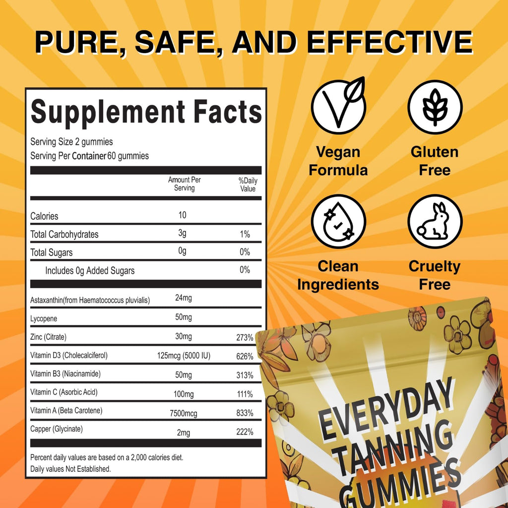 Daily Tanning Gummies – Natural Sunless Tan with Astaxanthin, Lycopene & Beta Carotene – Watermelon
