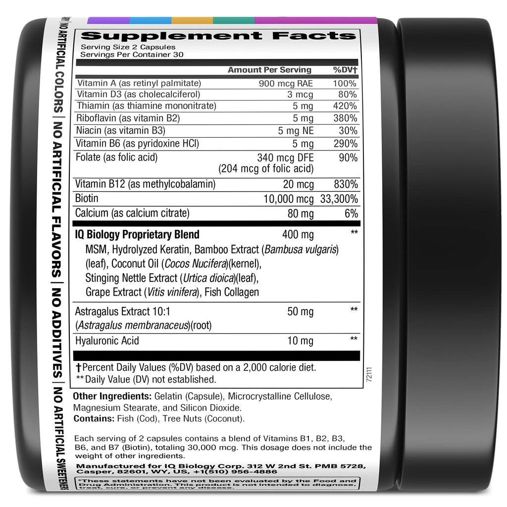 IQ BIOLOGY Biotin Collagen Keratin – Hair Growth Vitamins for Women & Men, 10000mcg Biotin + Hyaluronic Acid