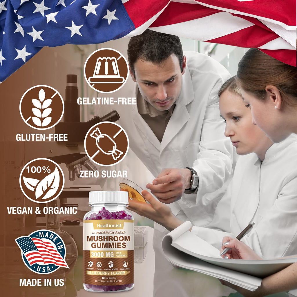 2 Packs Mushroom Complex Gummies 10-Blend – Lion's Mane & Cordyceps for Brain & Immune Support