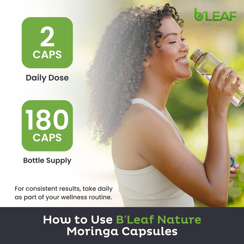 B’Leaf Nature Organic Moringa Capsules 1000mg – Immune Support, Energy & Wellness (Vegan, Non-GMO) | 180 Count