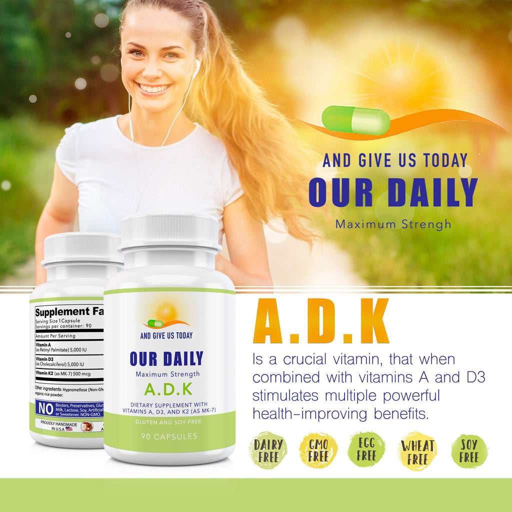 Daily Vites ADK Vitamin Supplement 5000 IU – 90 Caps (90 Day Supply) – High Potency A, D3 & K2-MK7 | Non-GMO, Gluten Free