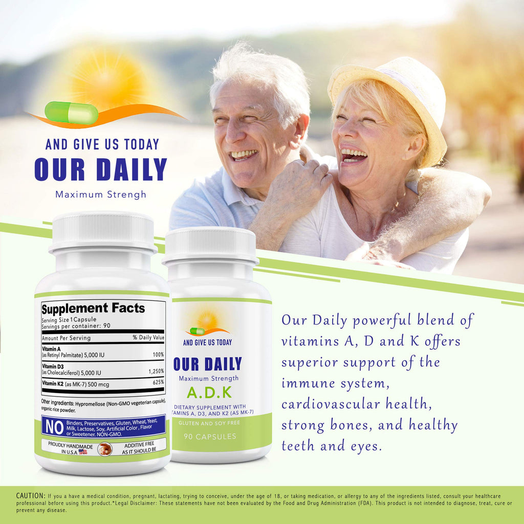 Daily Vites ADK Vitamin Supplement 5000 IU – 90 Caps (90 Day Supply) – High Potency A, D3 & K2-MK7 | Non-GMO, Gluten Free