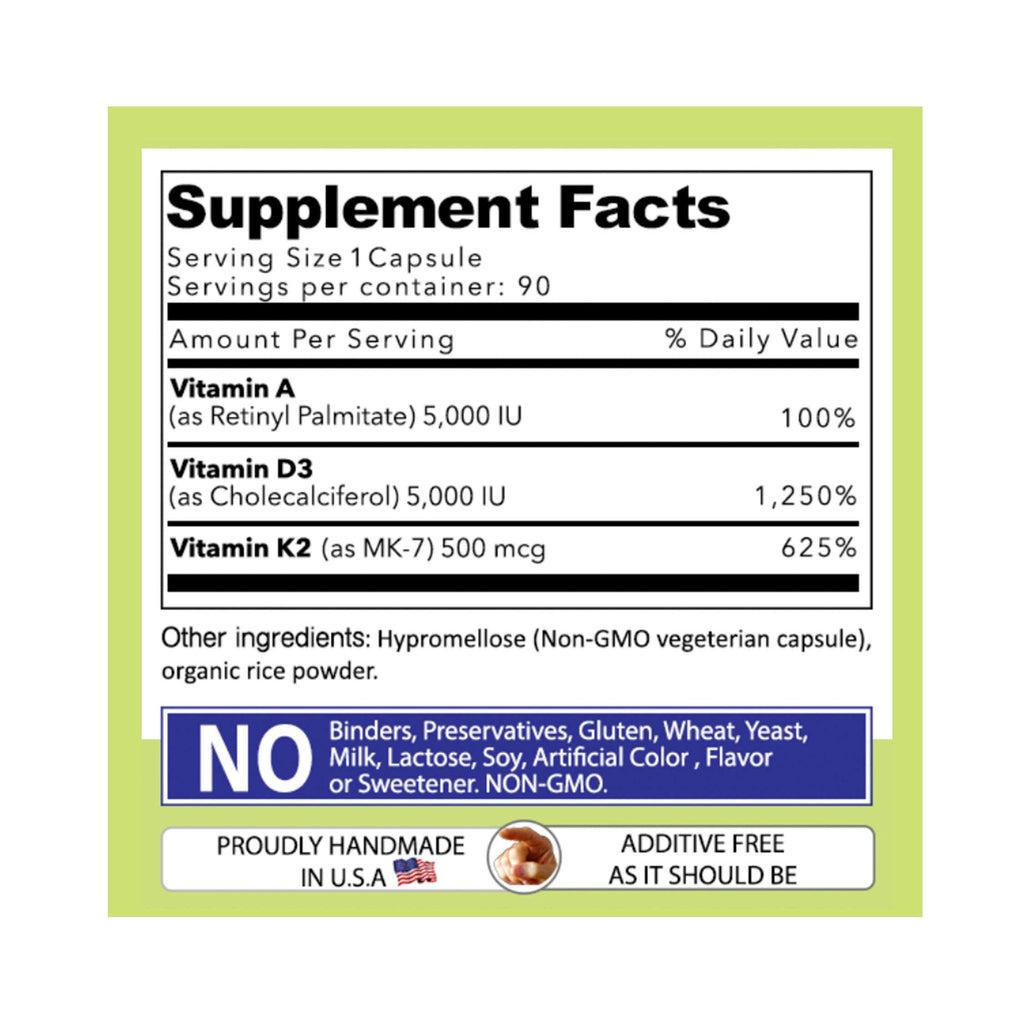 Daily Vites ADK Vitamin Supplement 5000 IU – 90 Caps (90 Day Supply) – High Potency A, D3 & K2-MK7 | Non-GMO, Gluten Free