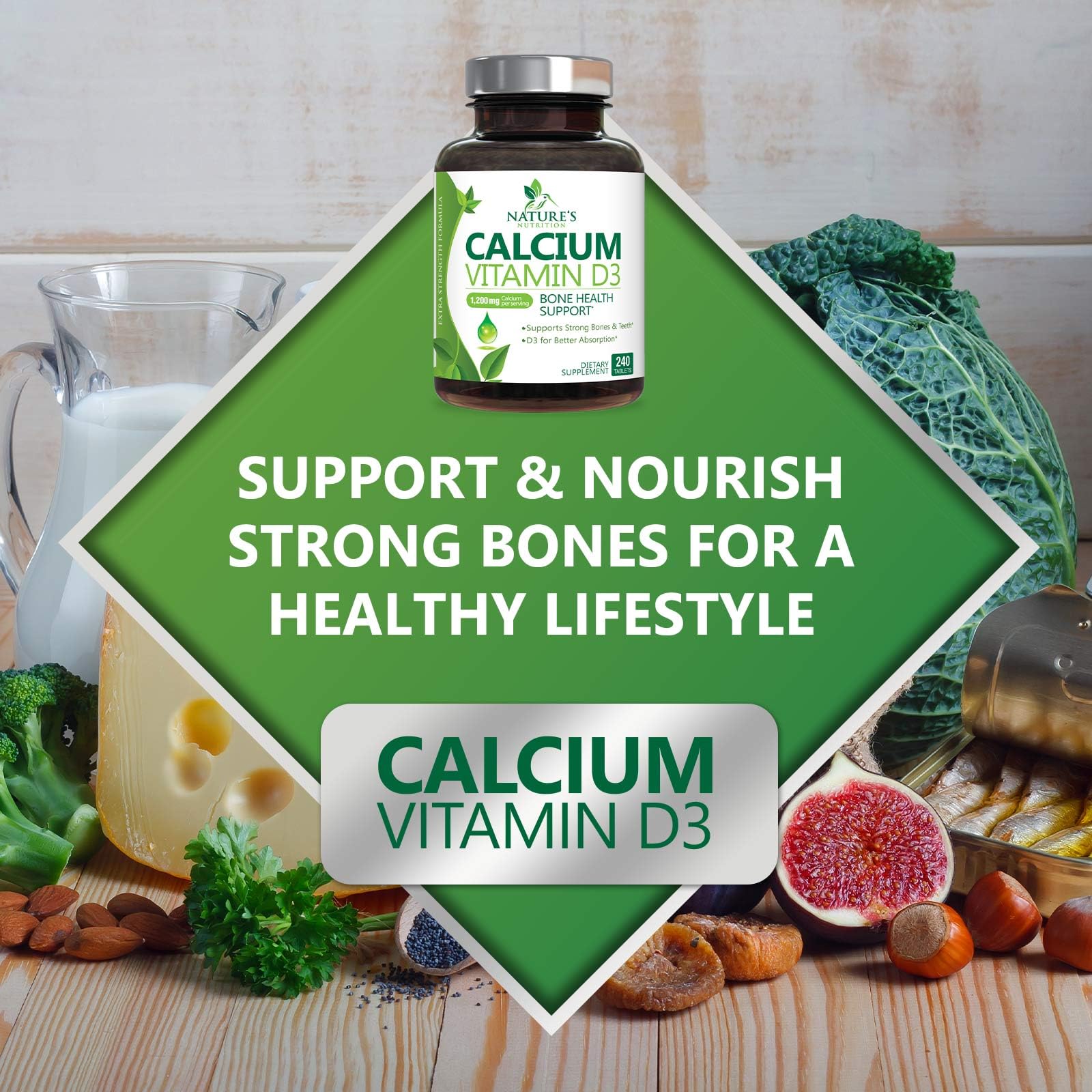 Calcium 1200 mg with Vitamin D3 (1600 IU) – 240 Tablets | USA Bottled | Bone & Immune Health