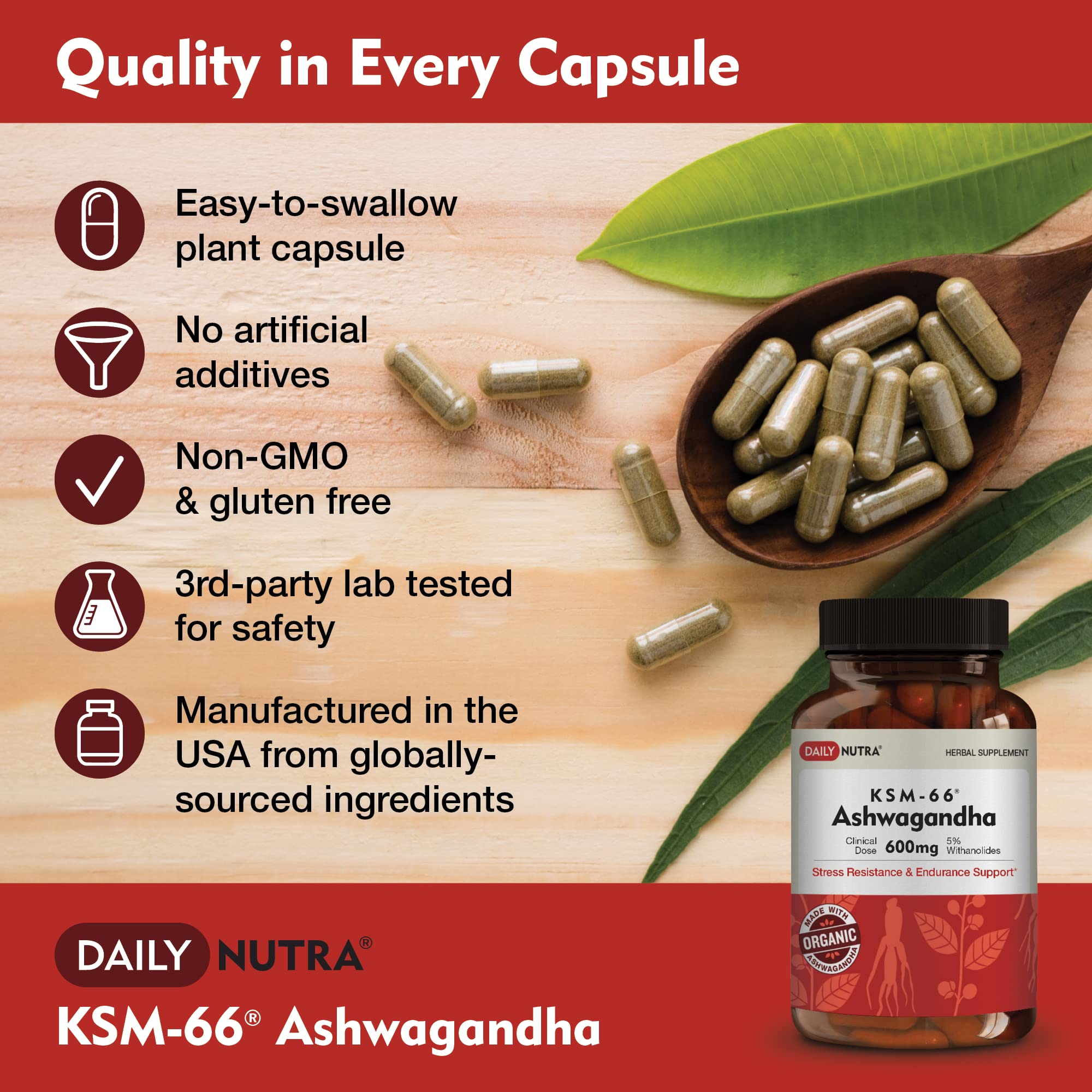 DailyNutra KSM-66 Ashwagandha 600mg Organic Root Extract – High Potency 5% Withanolides (60 Capsules)