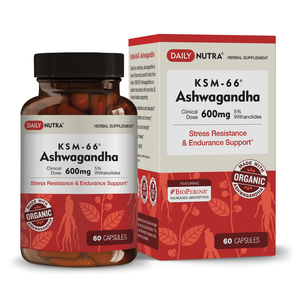 DailyNutra KSM-66 Ashwagandha 600mg Organic Root Extract – High Potency 5% Withanolides (60 Capsules)