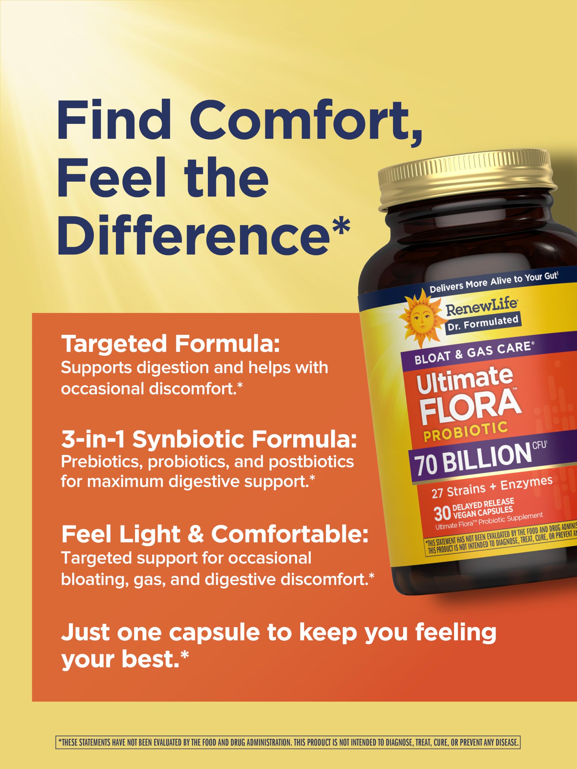 Renew Life Ultimate Flora Probiotics 70 Billion CFU – Gas & Bloat, Delayed Release Vegan Capsules (30 Count)