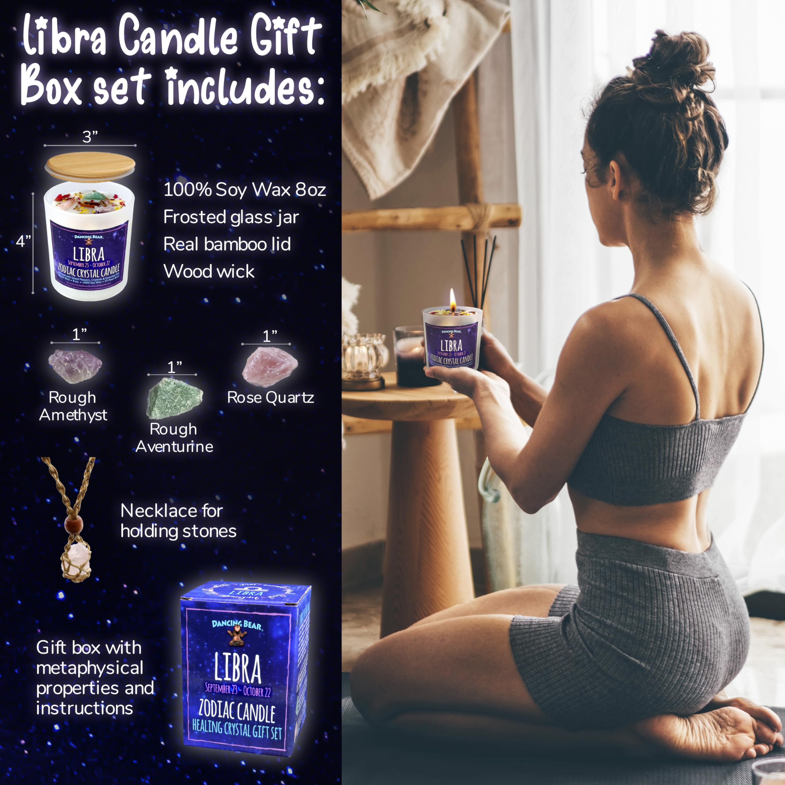 DANCING BEAR Libra Zodiac Candle Gift Box – 3 Crystals, 45h Burn, Soy Wax