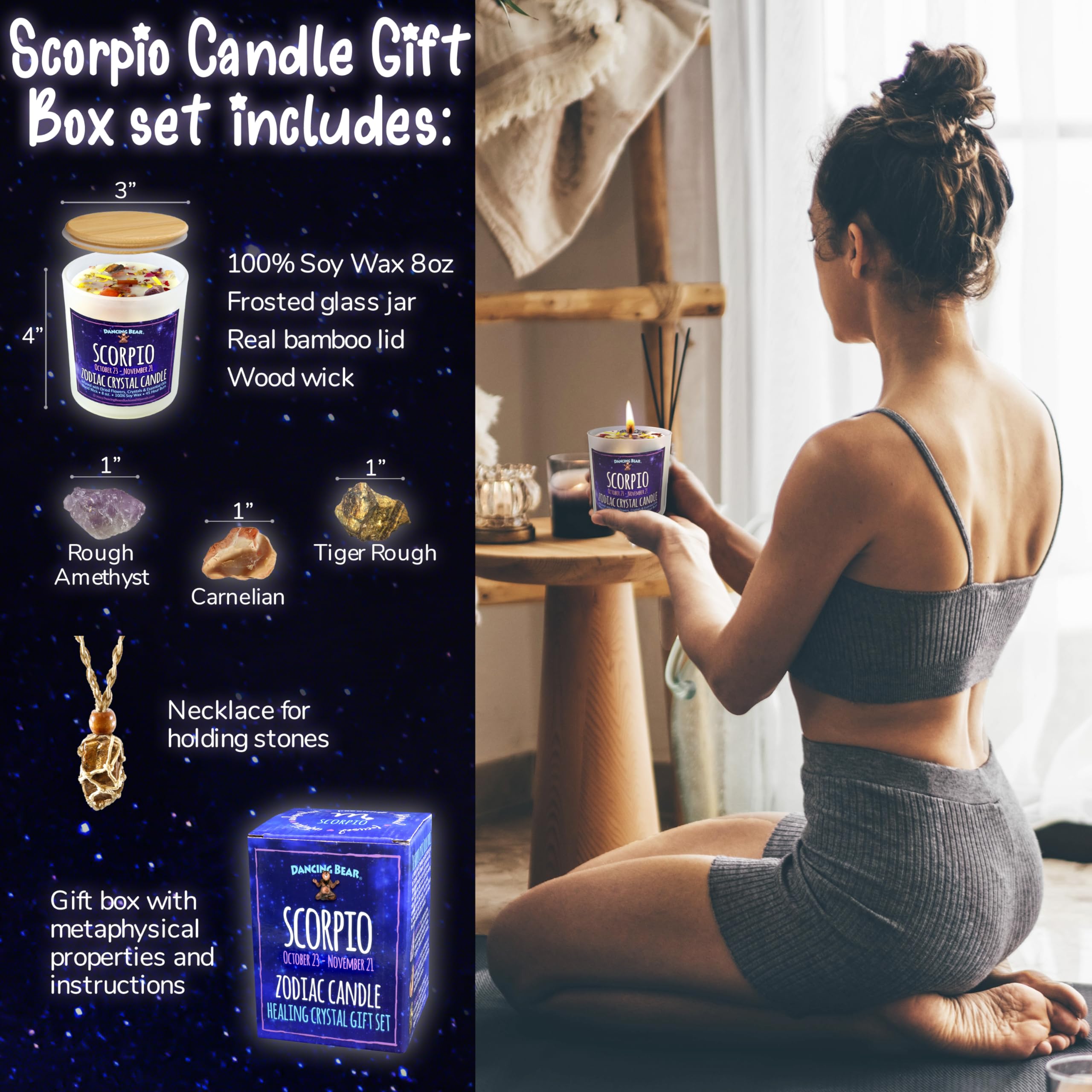 Dancing Bear Scorpio Zodiac Candle Gift Box Set – 45h Soy Wax, Wood Wick