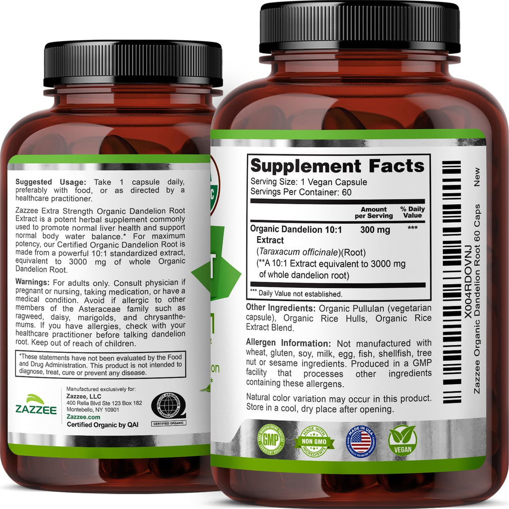 Zazzee Organic Dandelion Root 10:1 Extract - 3000 mg, 60 Capsules, 2-Month Supply