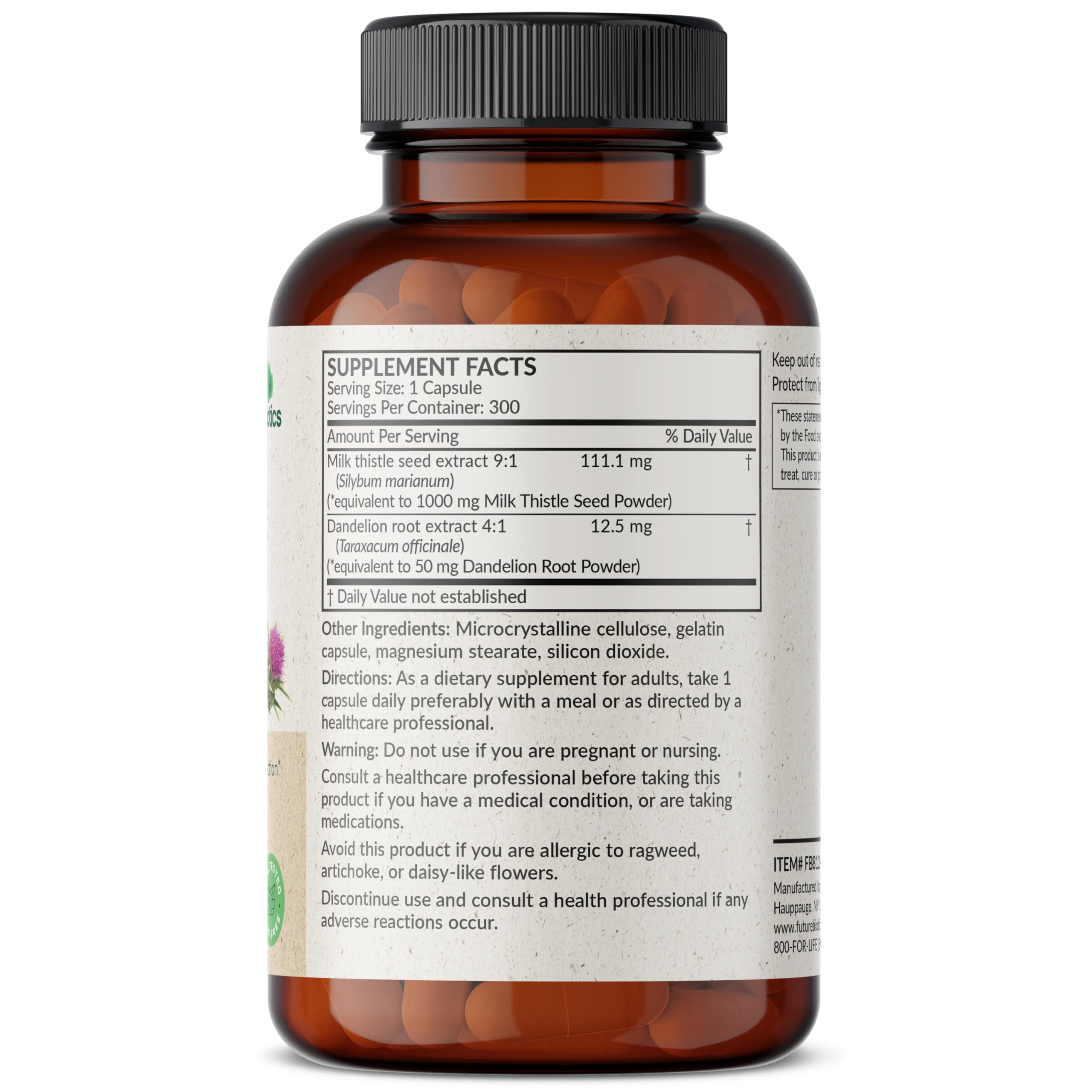 Futurebiotics Milk Thistle Silymarin Marianum & Dandelion Root - Liver Health, 300 Capsules
