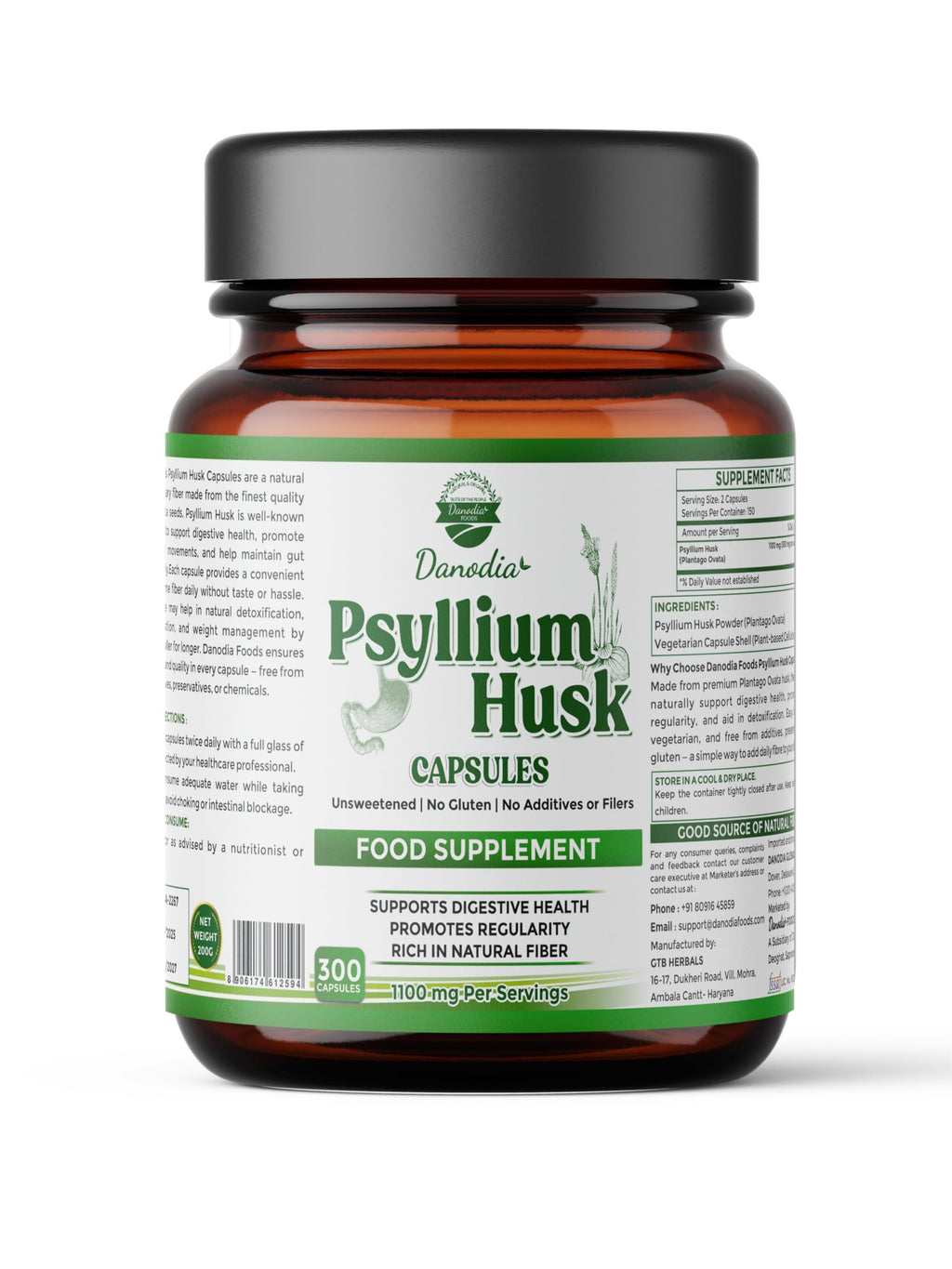 Danodia Foods Psyllium Husk Capsules – 300 Count | Veg Capsules | No additives or Filers | Gluten-Free, Non-GMO | Natural Fiber Supplement | No Artificial Colors or Preservatives
