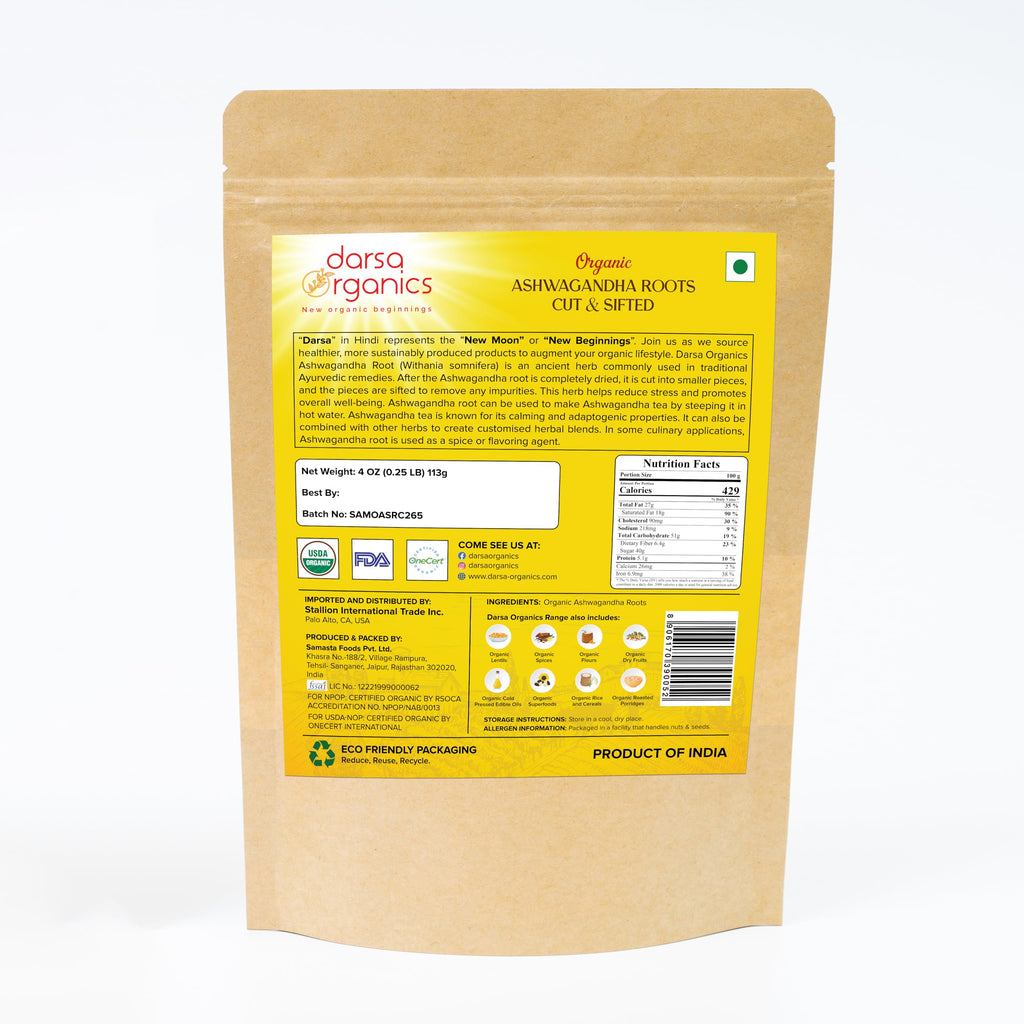 Darsa Organics Ashwagandha Root Cut & Sifted 4 oz – USDA Organic, Non-GMO, Vegan
