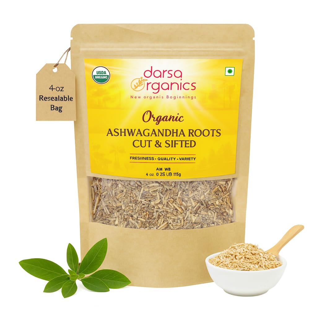 Darsa Organics Ashwagandha Root Cut & Sifted 4 oz – USDA Organic, Non-GMO, Vegan