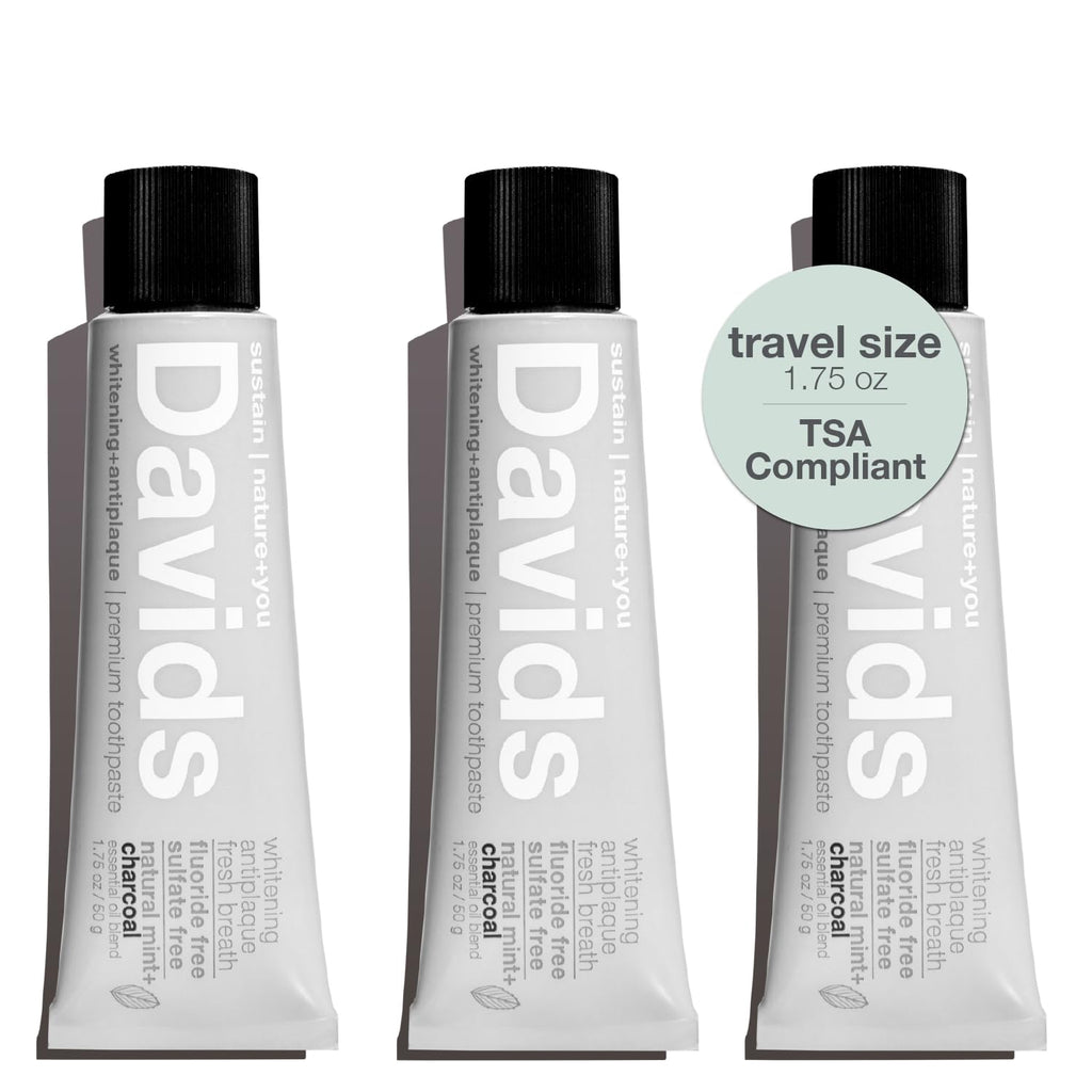 Davids Whitening Charcoal Travel Toothpaste – Fluoride Free, Peppermint, TSA 3-Pack