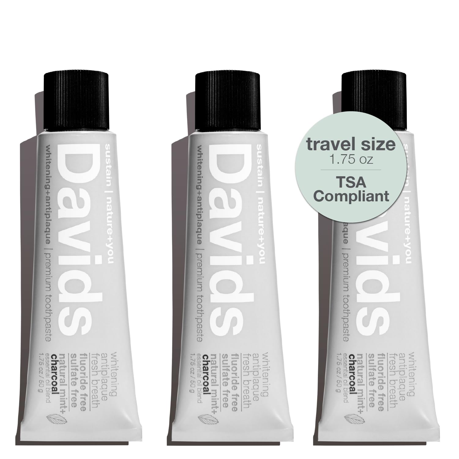 Davids Whitening Charcoal Travel Toothpaste – Fluoride Free, Peppermint, TSA 3-Pack
