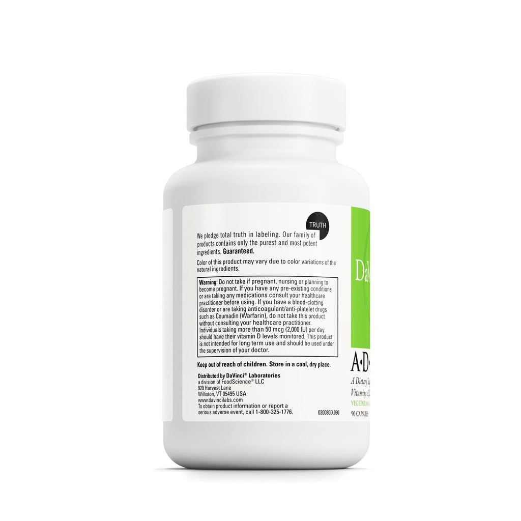 DaVinci Labs ADK 10 – Vitamin A, D3 & K2 for Bone, Heart & Immune Support | 90 Capsules
