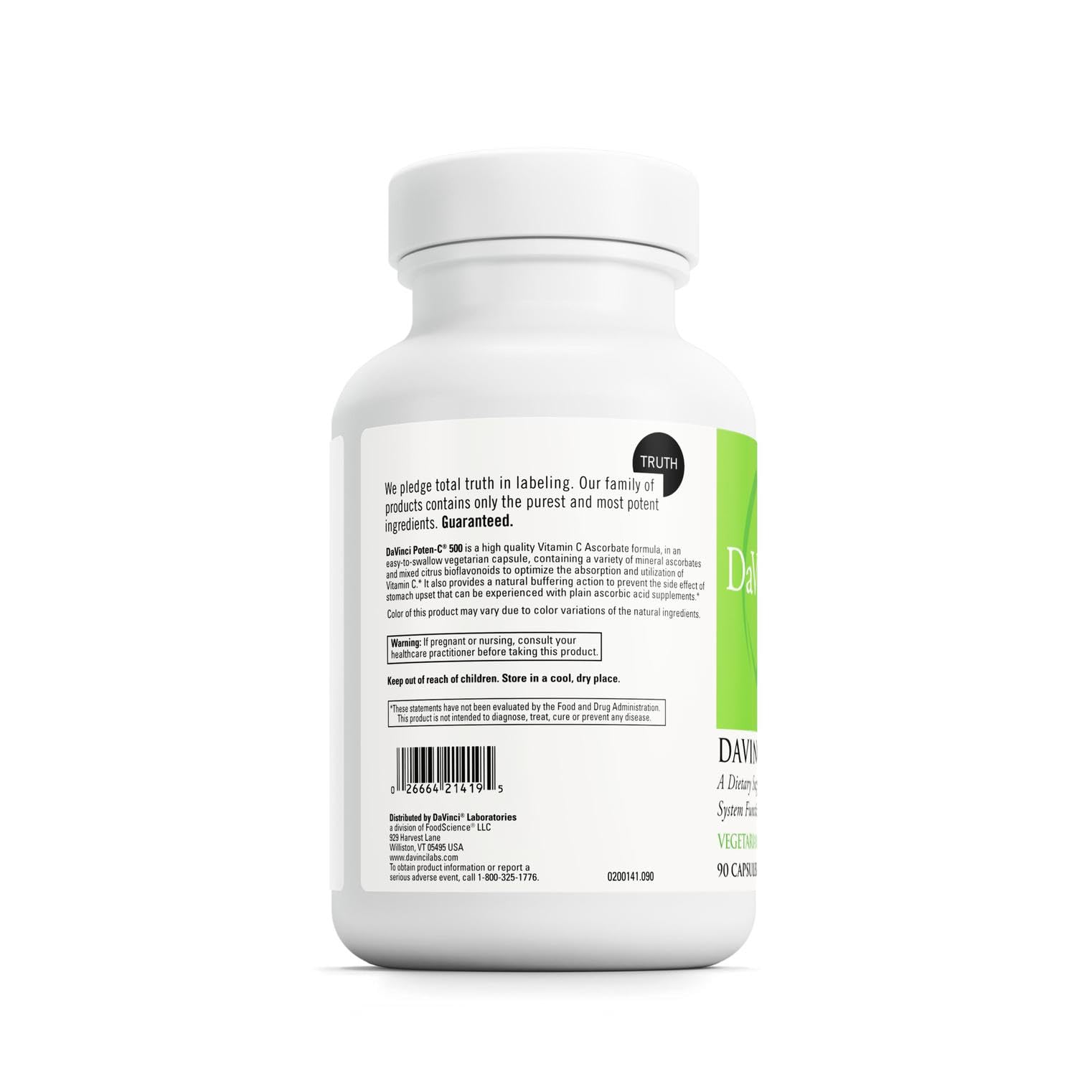 DAVINCI Labs Poten-C 500 – Immune Support & Collagen Health Vitamin C Supplement | Vegetarian & Gluten-Free | 90 Tablets