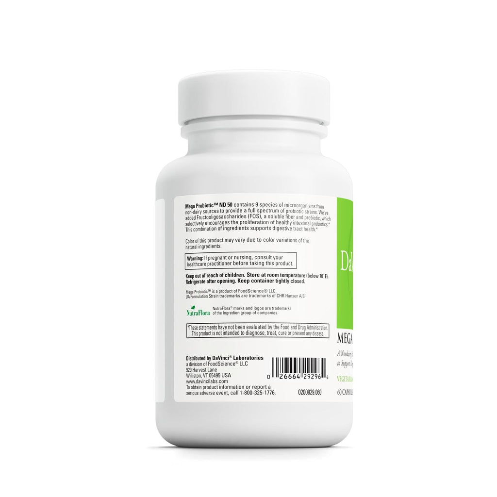 DAVINCI Labs Mega Probiotic ND 50 - Non-Dairy Probiotic with Prebiotic Fiber, 60 Vegetarian Capsules