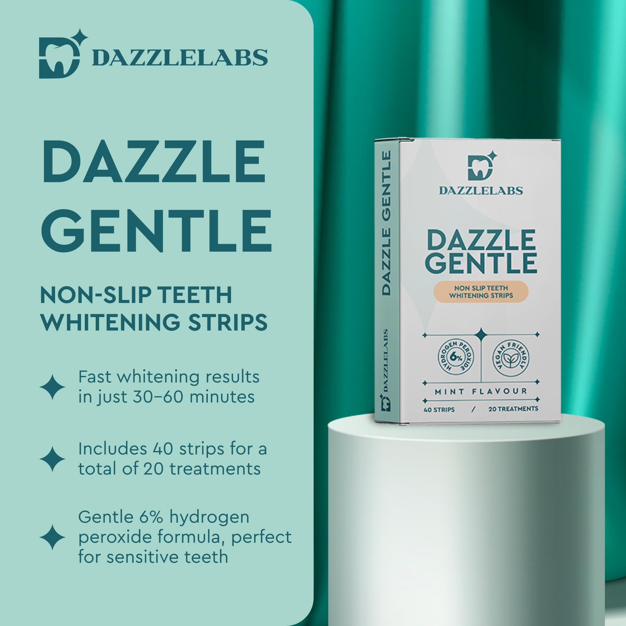 DazzleLabs Gentle Teeth Whitening Strips - 20 Pack, Mint, 6% Hydrogen Peroxide