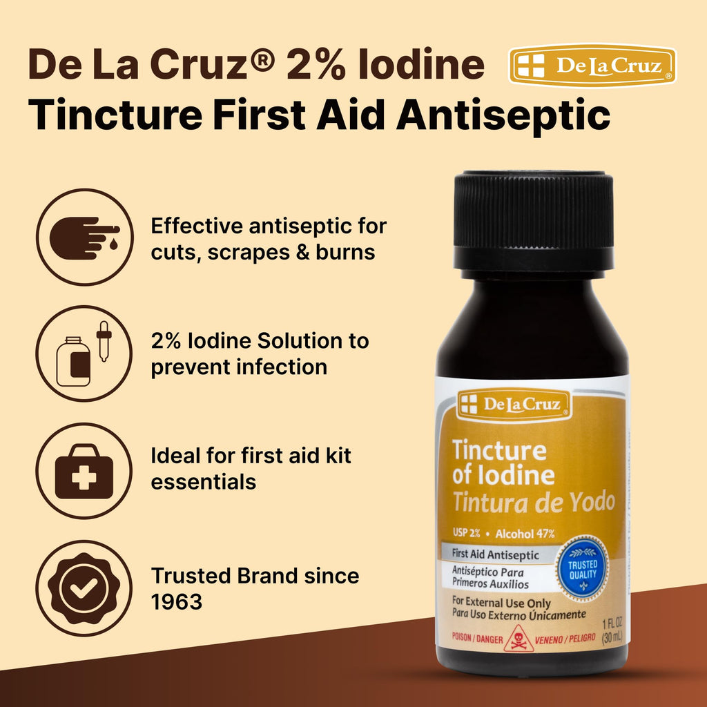 De La Cruz 2% Iodine First Aid Antiseptic – Made in USA – 1 FL OZ