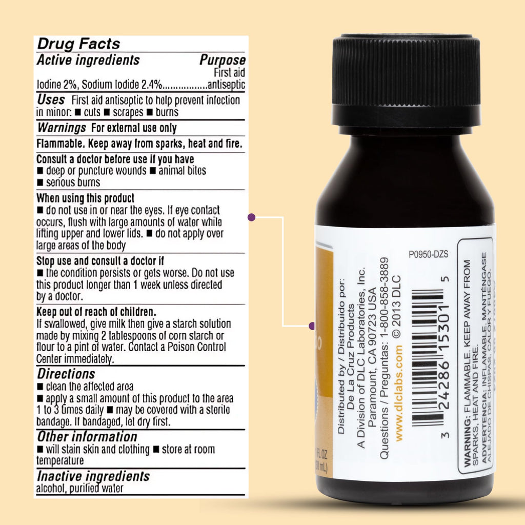 De La Cruz 2% Iodine First Aid Antiseptic – Made in USA – 1 FL OZ