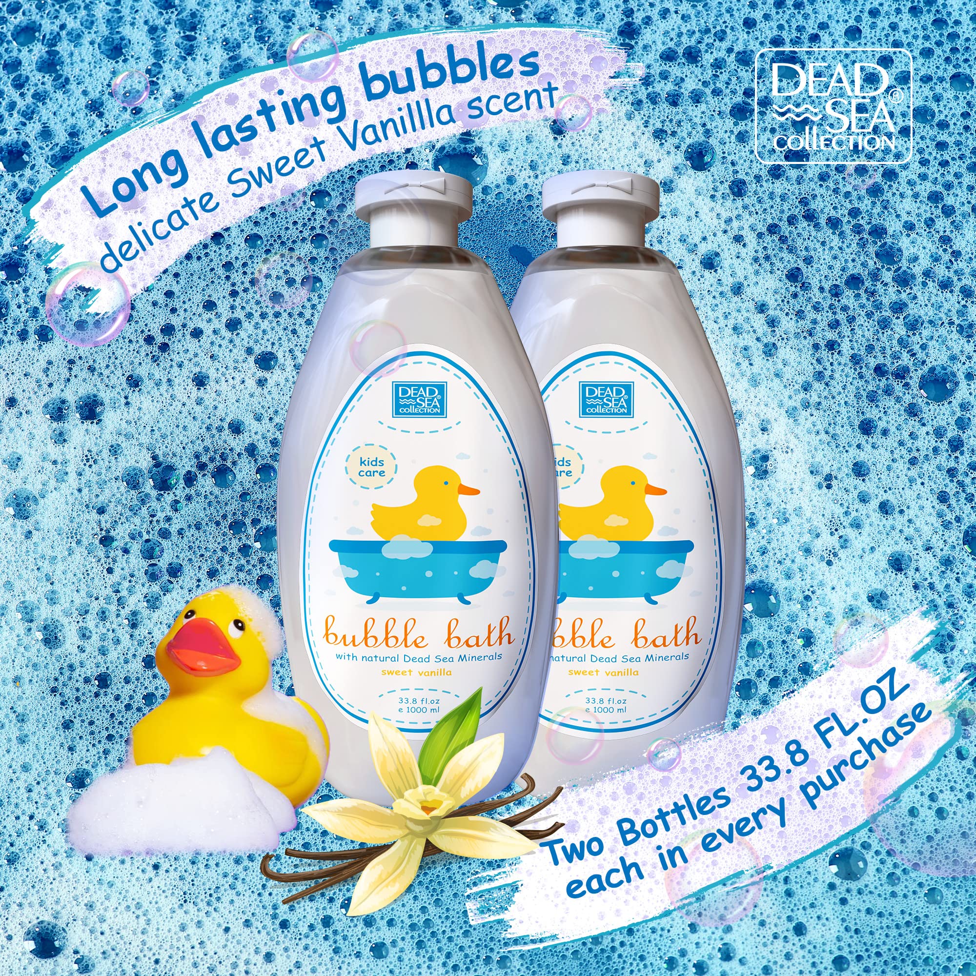 Dead Sea Collection Bubble Bath for Kids with Vanilla – 2 x 33.8 fl oz (67.6 fl oz) – Cleansing & Moisturizing Bubbles