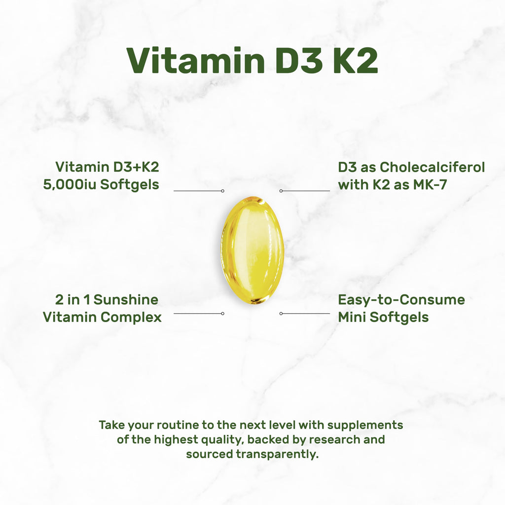 Vitamin D3 5000 IU + K2 MK7 Softgels – 2-in-1 Complex (250 Count) | Heart, Bone & Immune Support