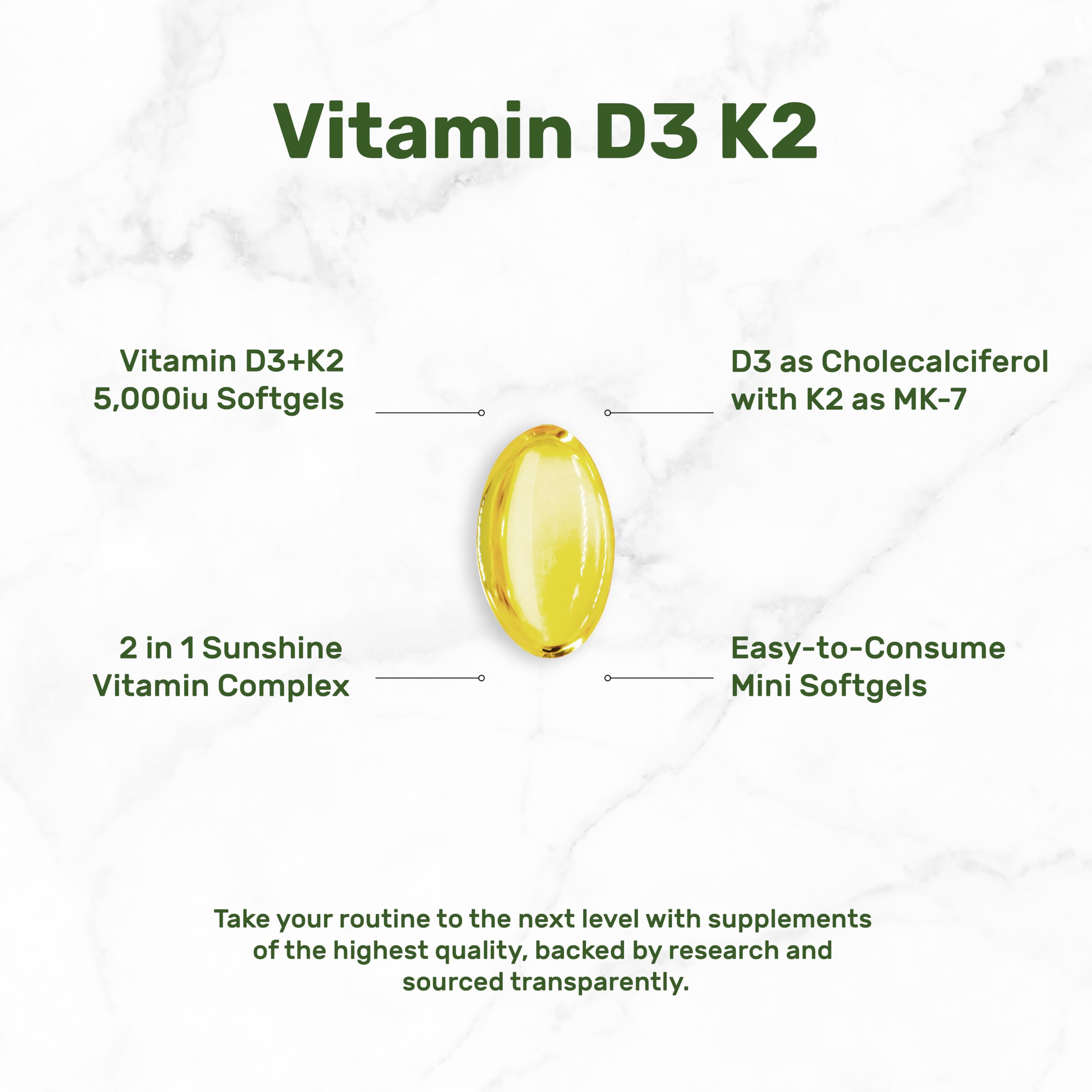 Vitamin D3 5000 IU + K2 MK7 Softgels – 2-in-1 Complex (250 Count) | Heart, Bone & Immune Support