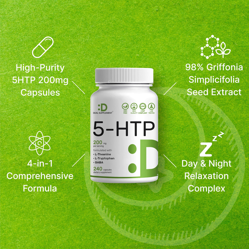 Deal Supplement 5-HTP 200mg per Serving, 240 Capsules | 98% African Griffonia Seed Extract | 4-in-1 Formula + L-Theanine, L-Tryptophan & GABA