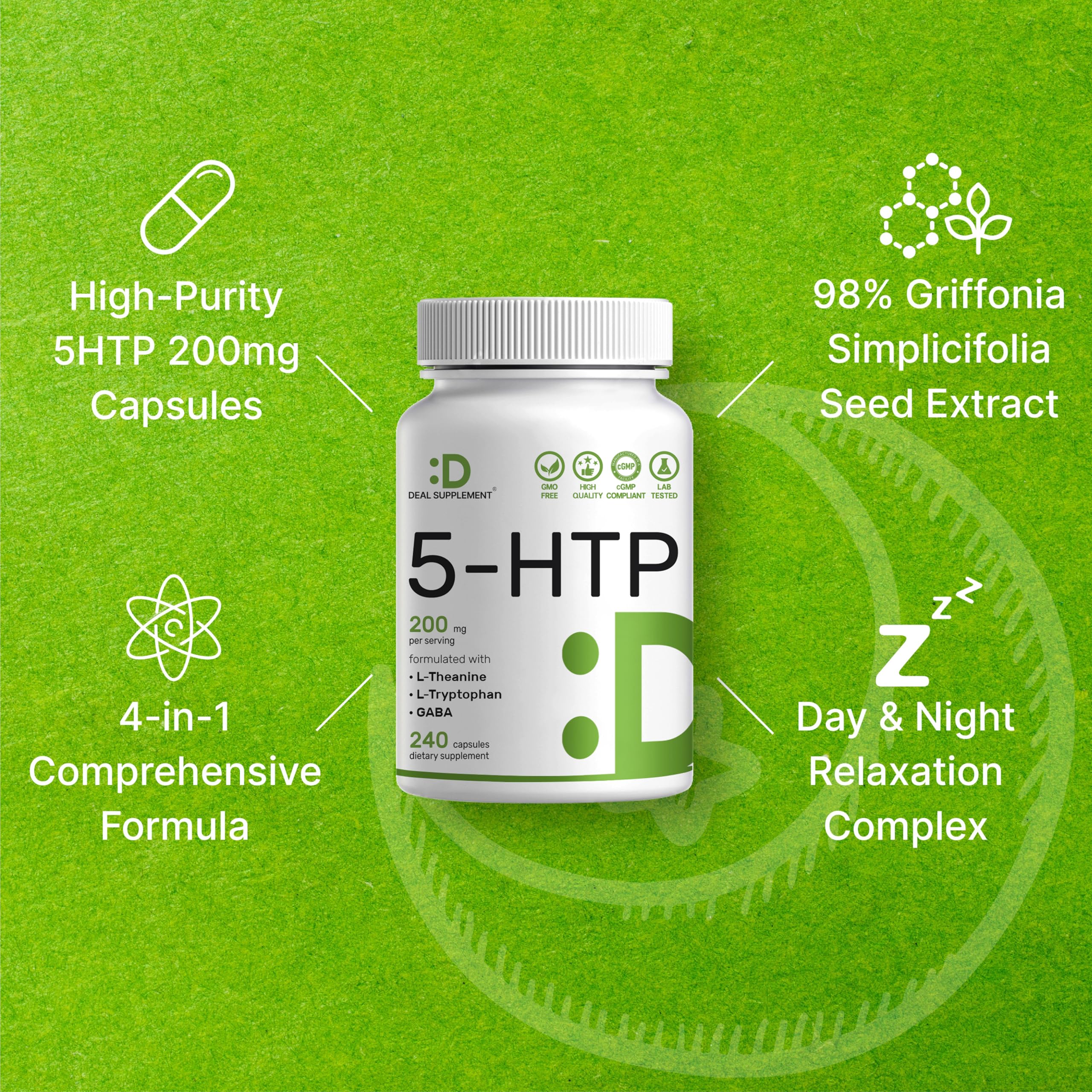 Deal Supplement 5-HTP 200mg per Serving, 240 Capsules | 98% African Griffonia Seed Extract | 4-in-1 Formula + L-Theanine, L-Tryptophan & GABA