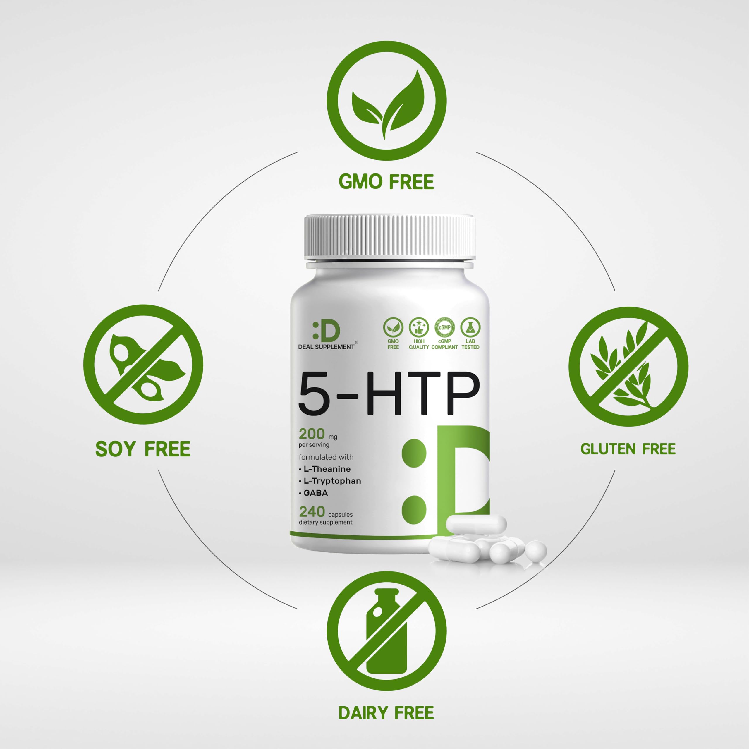 Deal Supplement 5-HTP 200mg per Serving, 240 Capsules | 98% African Griffonia Seed Extract | 4-in-1 Formula + L-Theanine, L-Tryptophan & GABA