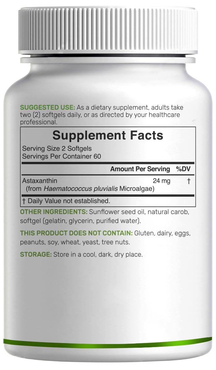 Astaxanthin 24mg per Serving – 120 Softgels, Double Strength Microalgae, Non-GMO