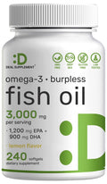 DEAL SUPPLEMENT Omega 3 Fish Oil – 3,000 mg per Serving, 240 Softgels, Burpless Lemon