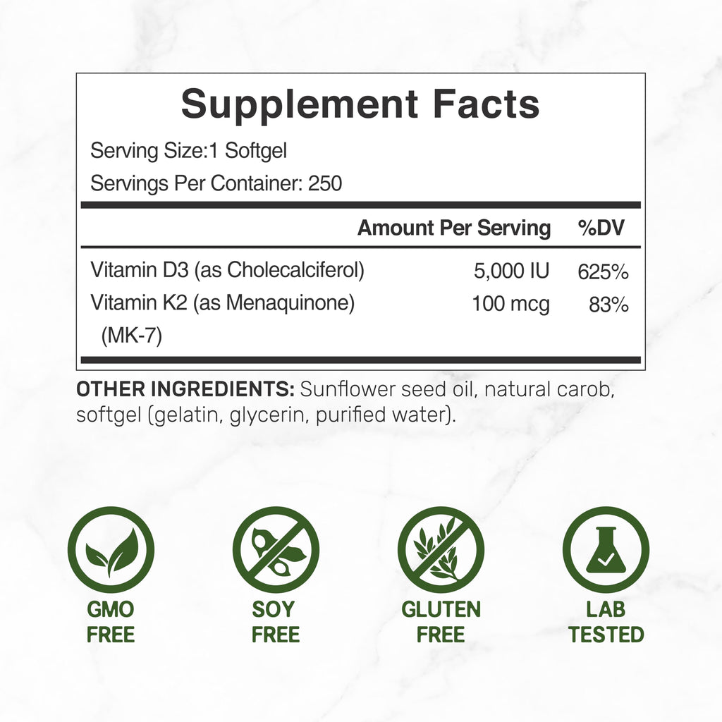 Vitamin D3 5000 IU + K2 MK7 Softgels – 2-in-1 Complex (250 Count) | Heart, Bone & Immune Support