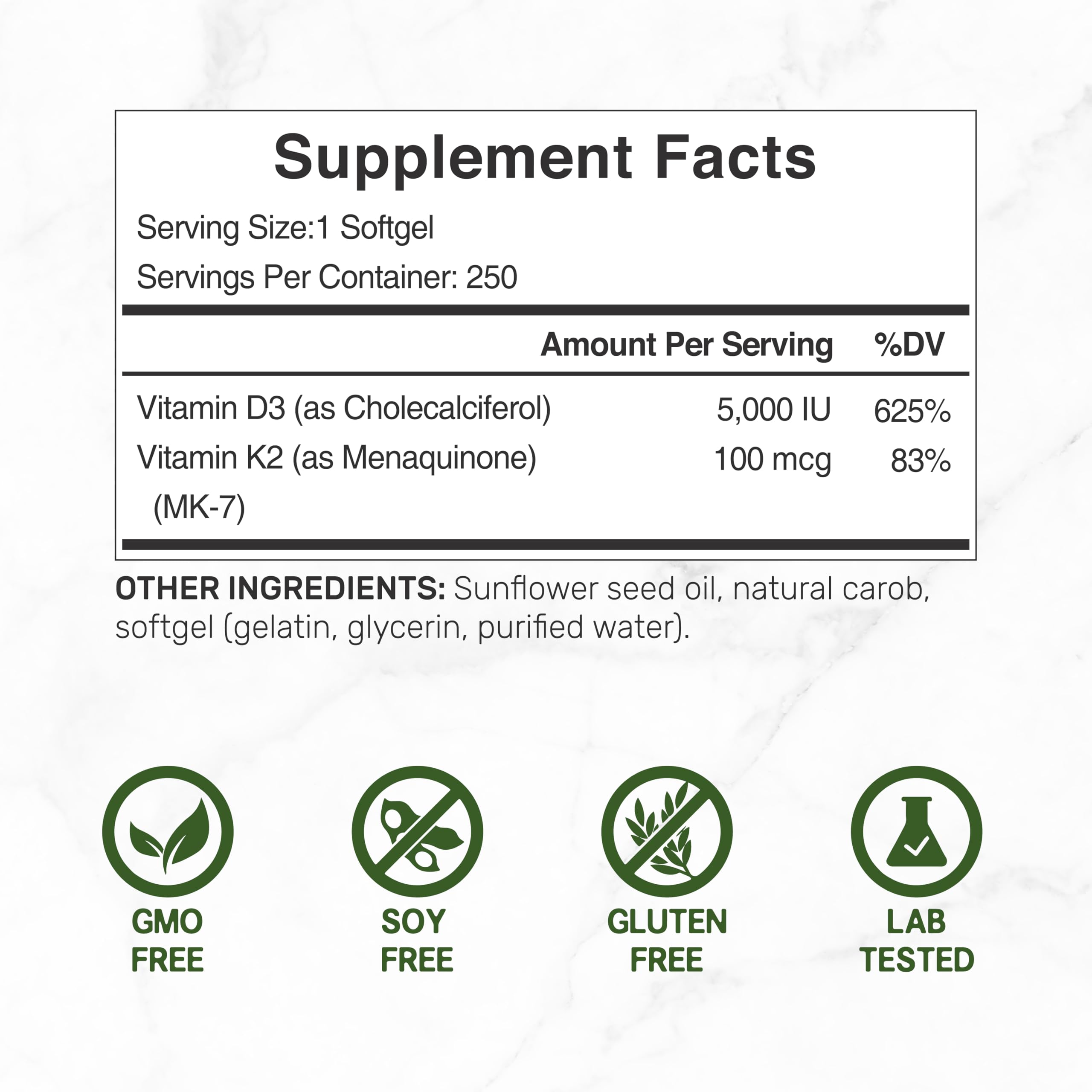 Vitamin D3 5000 IU + K2 MK7 Softgels – 2-in-1 Complex (250 Count) | Heart, Bone & Immune Support