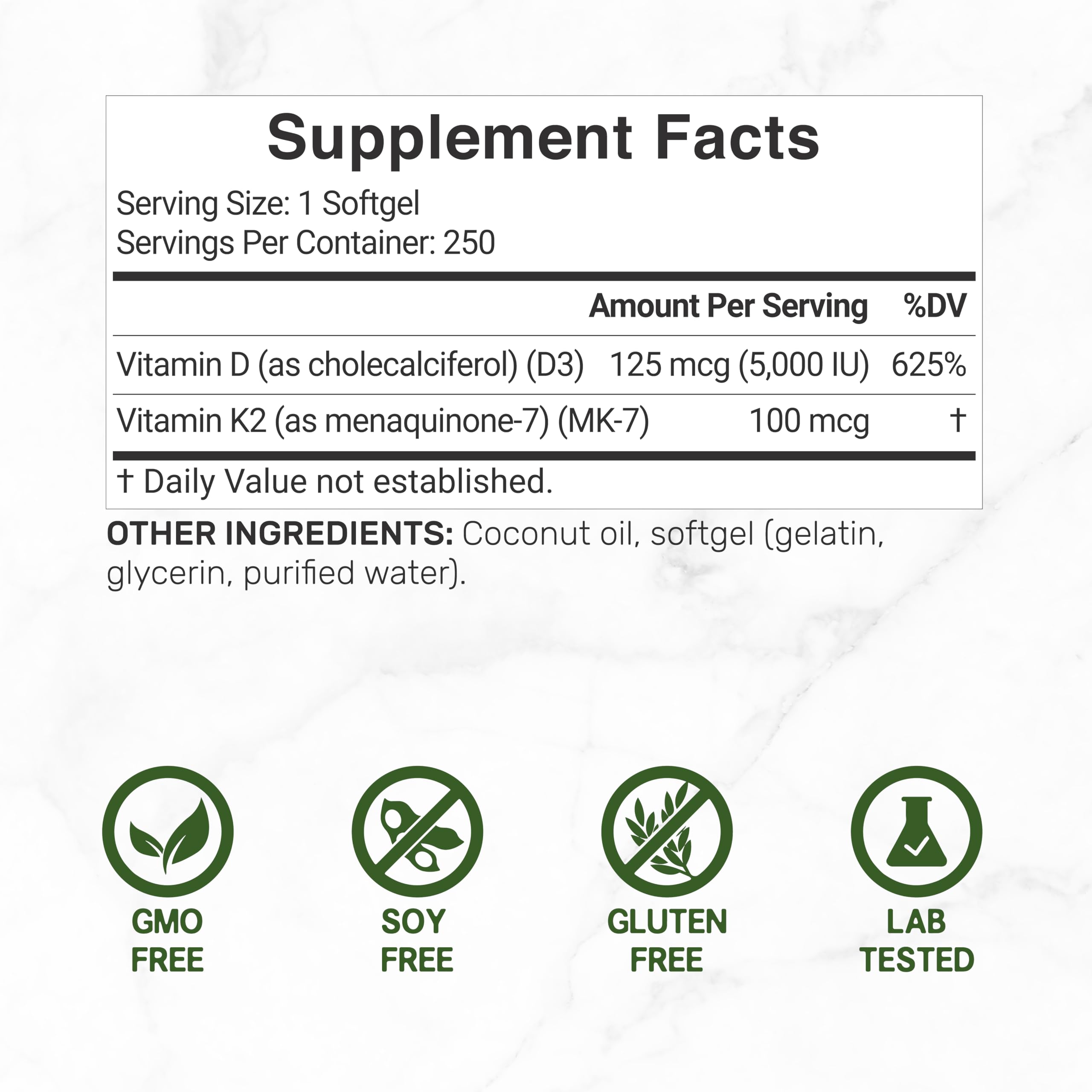 Vitamin D3 5000 IU + K2 MK7 Softgels — 2-in-1 Coconut Carrier | Heart, Bones & Immune Support