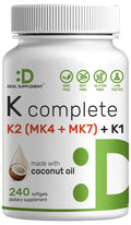 DEAL SUPPLEMENT Vitamin K Complete - 240 Coconut Oil Softgels | High Potency K1, MK-7, MK-4 | Non-GMO