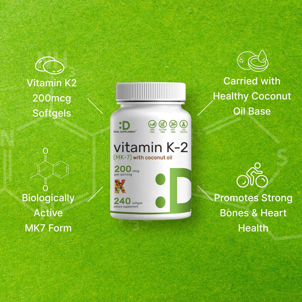 DEAL SUPPLEMENT Vitamin K2 MK-7 200mcg Per Serving, 240 Coconut Oil Softgels | Easily Absorbed Menaquinone-7 Form | Bone, Joint, & Immune Support – Non-GMO