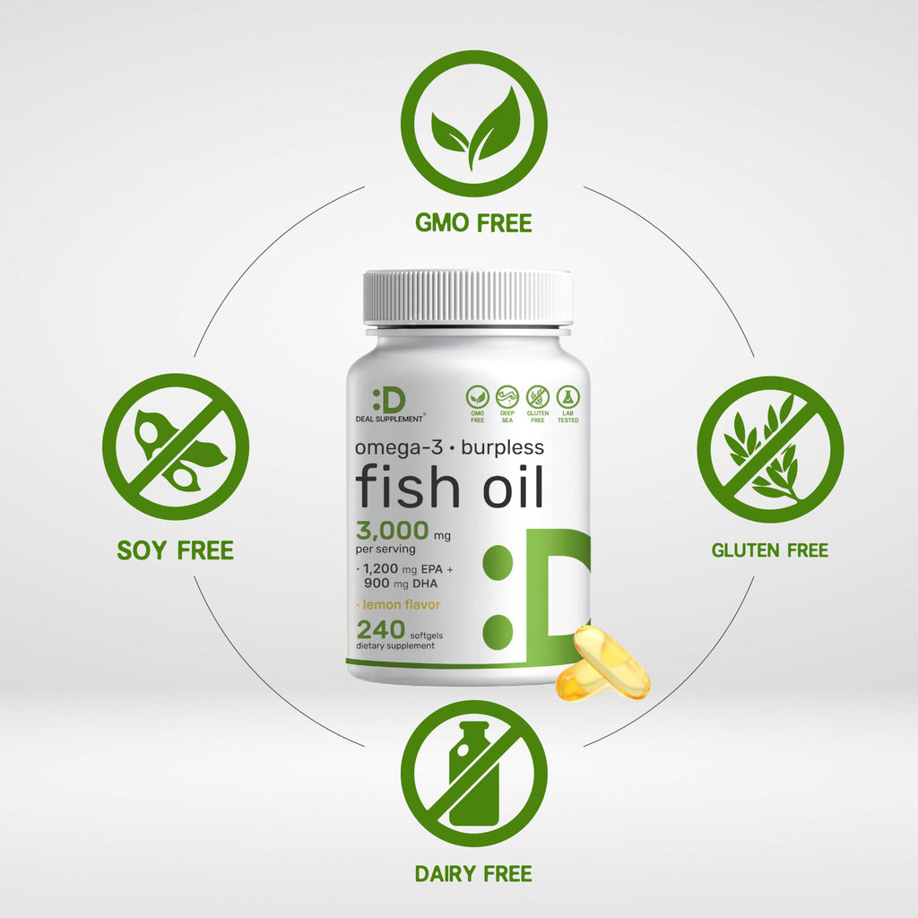 DEAL SUPPLEMENT Omega 3 Fish Oil – 3,000 mg per Serving, 240 Softgels, Burpless Lemon