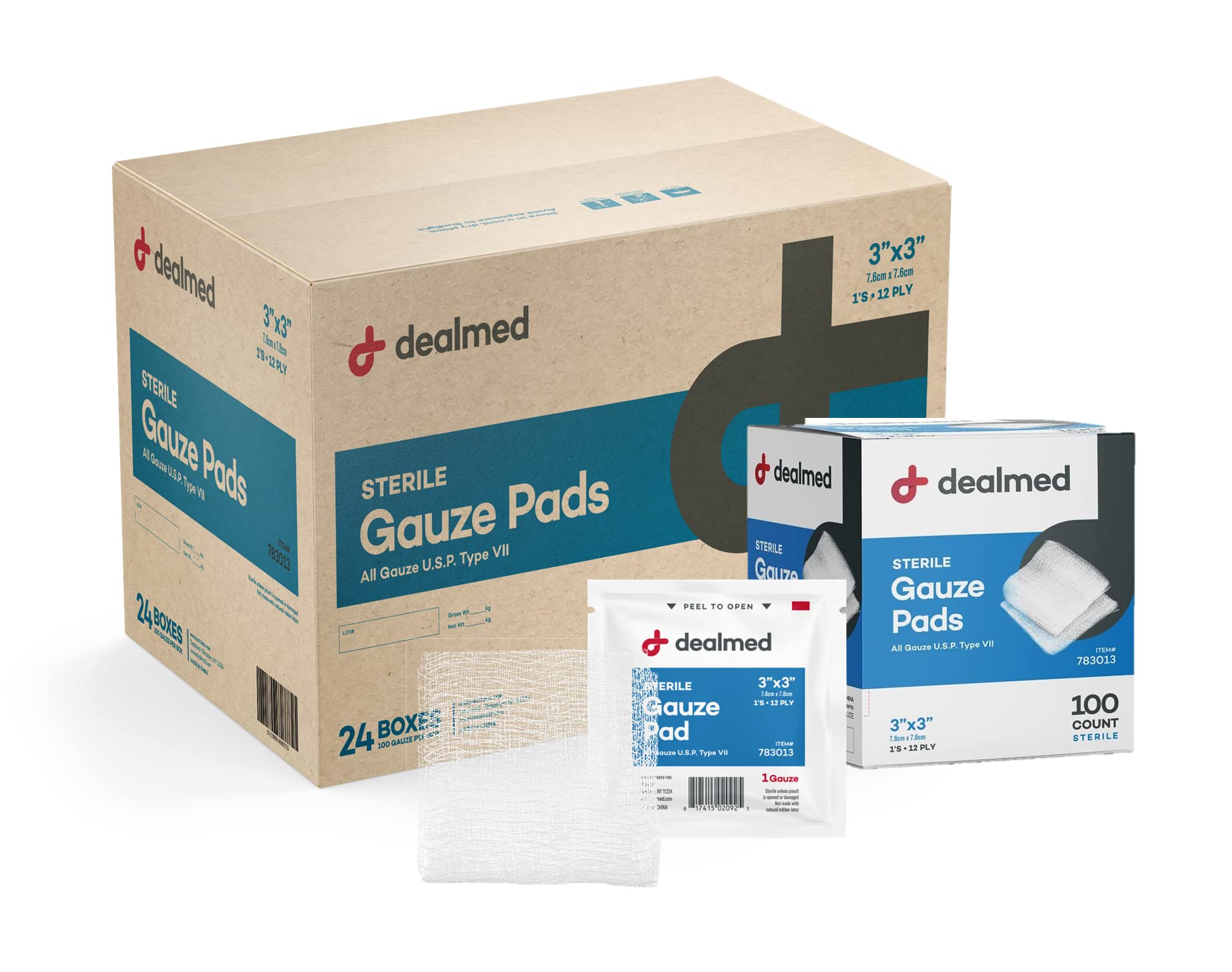 Dealmed 3x3 Sterile Gauze Pads – 100 Count, Individually Wrapped (Case of 24)