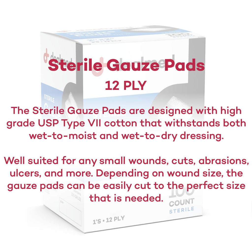 Dealmed 3x3 Sterile Gauze Pads – 100 Count, Individually Wrapped (Case of 24)