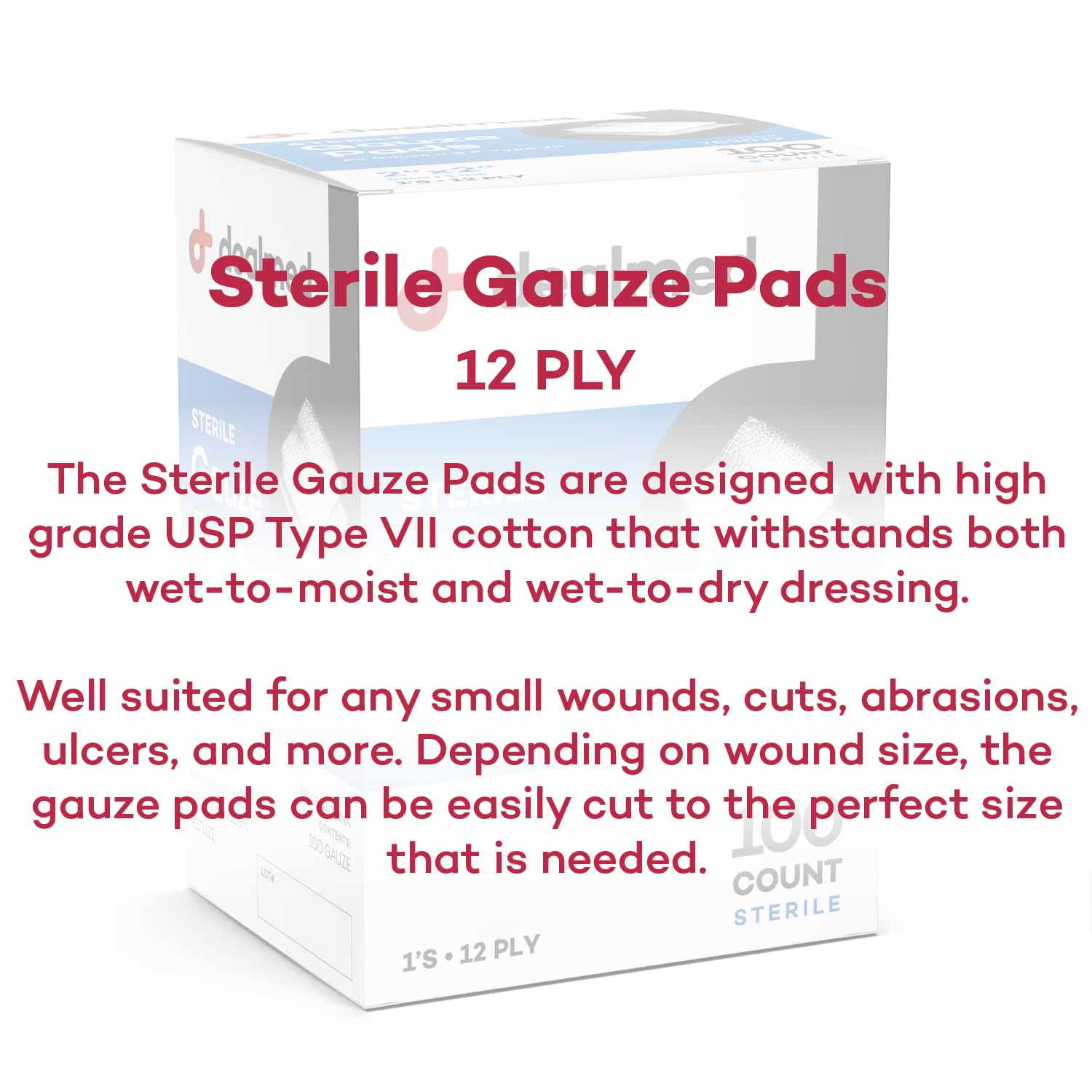 Dealmed 3x3 Sterile Gauze Pads – 100 Count, Individually Wrapped (Case of 24)