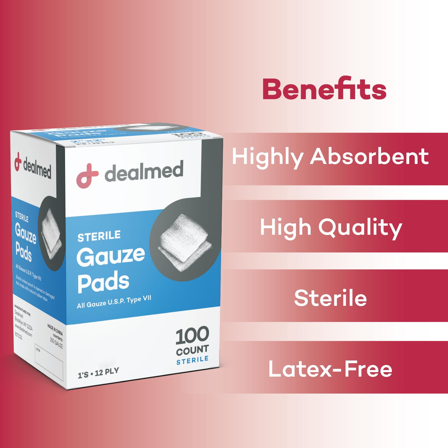 Dealmed 3x3 Sterile Gauze Pads – 100 Count, Individually Wrapped (Case of 24)