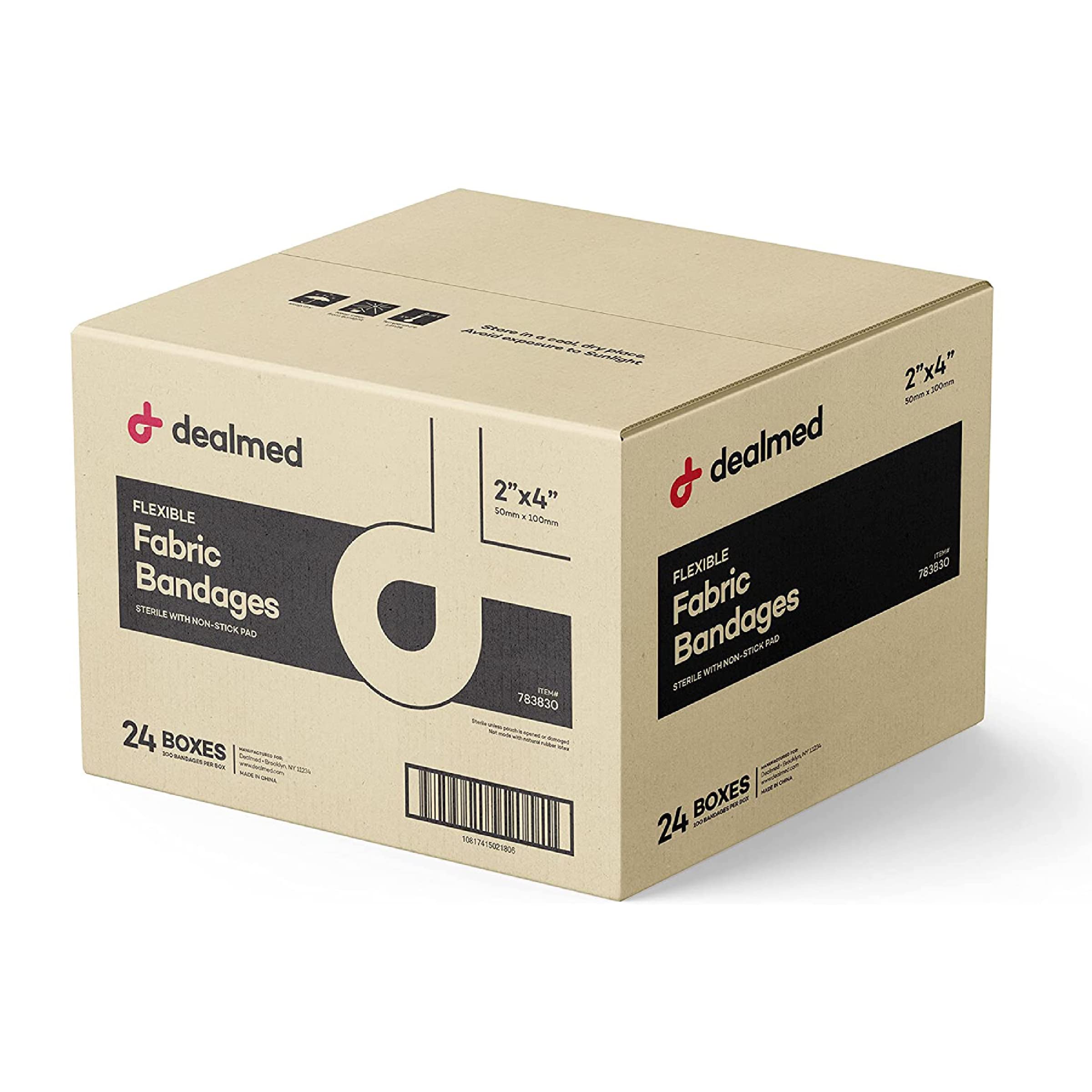 Dealmed Fabric Flexible Adhesive Bandages – 2x4 inch | Latex-Free, Non-Stick Pad, 100 Count (Case of 24)